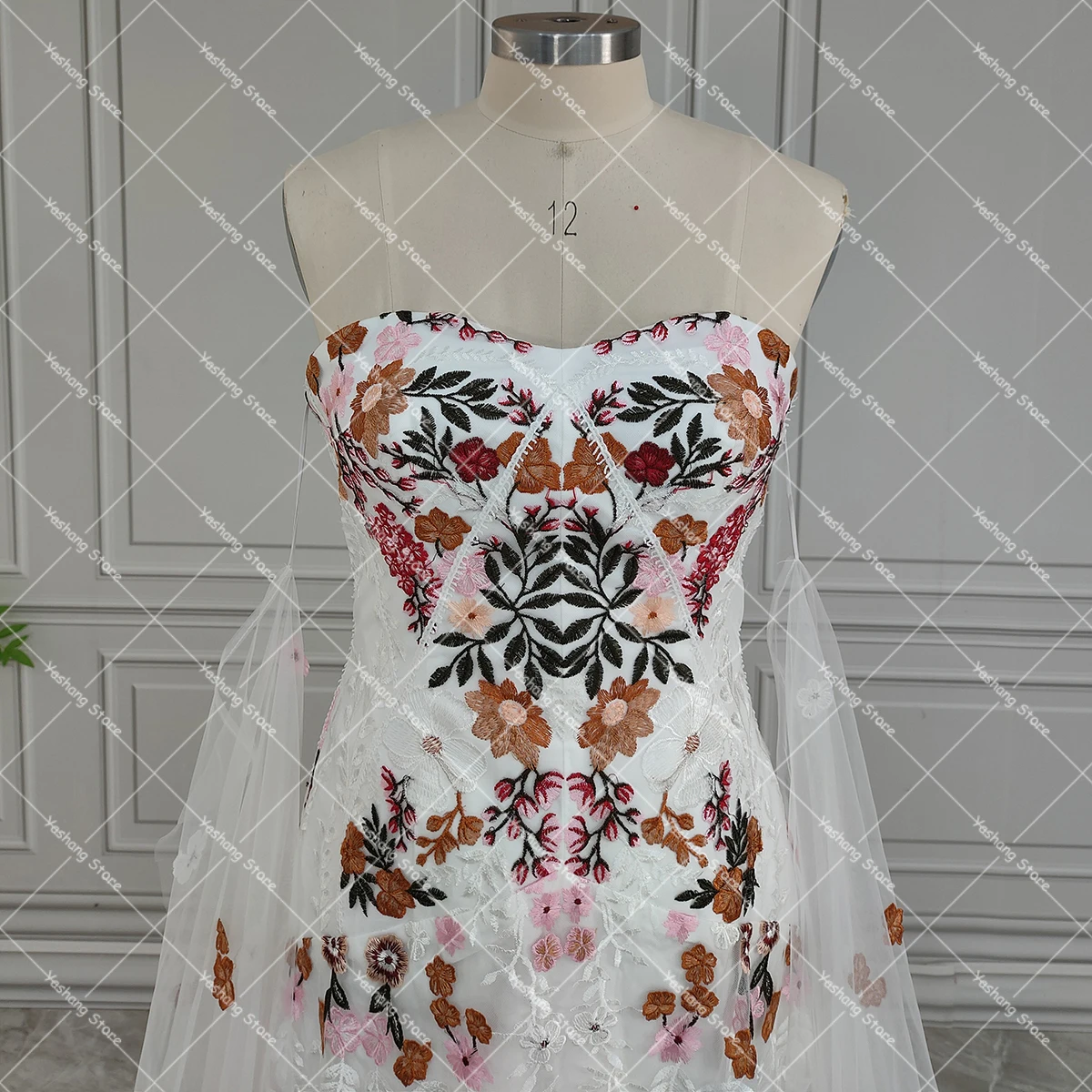 Personalizado desossado sem alças colorido bordado vestido de casamento fotos reais flor florais vestido de noiva com mangas longas batwing