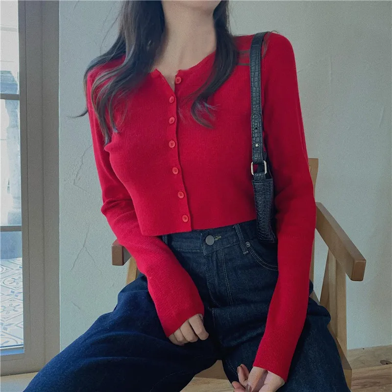 Autumn Long Sleeve Casual T shirt Thin Women\'s Knitted Cardigan Cropped CardigansSexy Solid Color Women T-shirt Crop Trendy