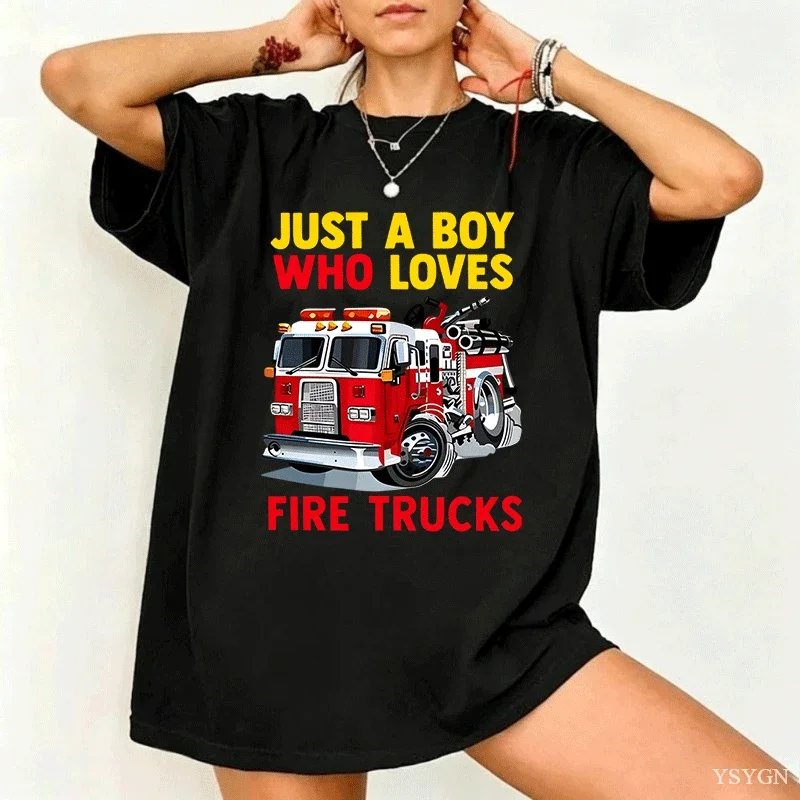 Cute Just A Men Who Loves Fire Trucks Print Family Matching T Shirt Women Short Sleeve Parent Child Soft Cotton Casual Tops