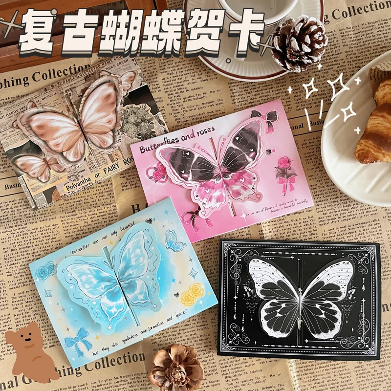 New 3D Pop Up Butterfly Greeting Card Ins High-color Value Retro 3D Foldable Blessing Card With Envelope Girlfriends Couple Gift