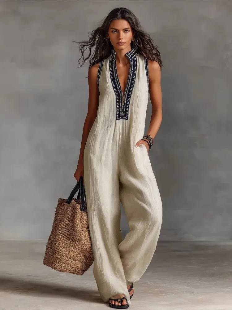 

Sexy Deep V Neck Hollow Women's Jumpsuits Vintage Printed High Waist Slim Office Romper Spring Summer Sleeveless Pocket Overalls