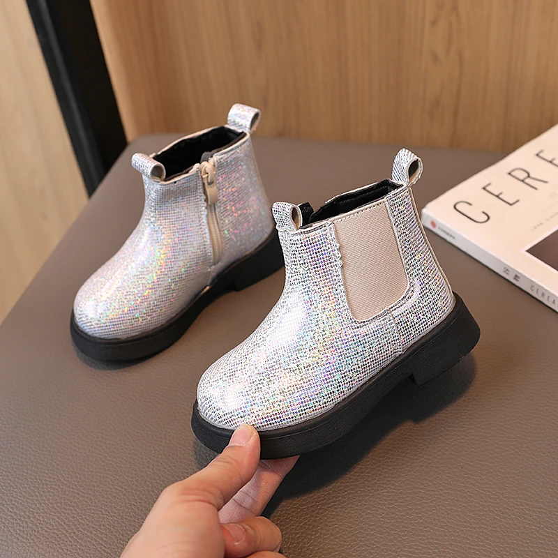 Children Chelsea Boots Paillette Sparkly Three Colors Chunky Girl\'s Autumn Boot Short Zipper Ankle-high 21-30 Trendy Kids Shoes