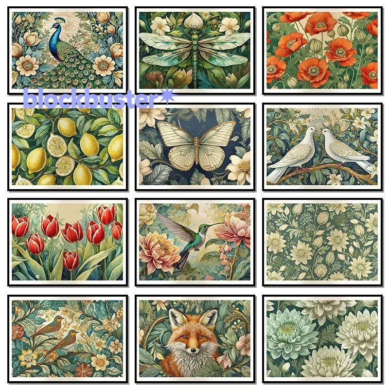 Luna estrellas William Morris estilo abeja pájaro mariposa pavo real tulipán póster impreso imágenes artísticas de pared lien