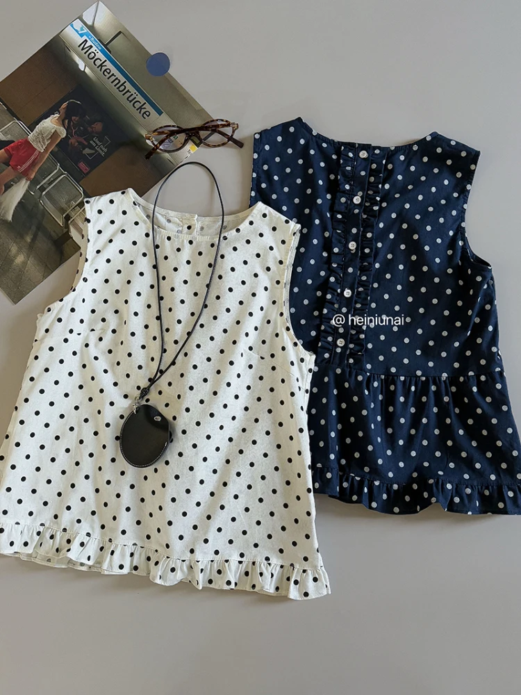 

Wedbleser Korean Version Polka Dot Fungus Lace sweet Girls Sleeveless Shirt 2025 Summer Women Casual Round Neck Pullover Top