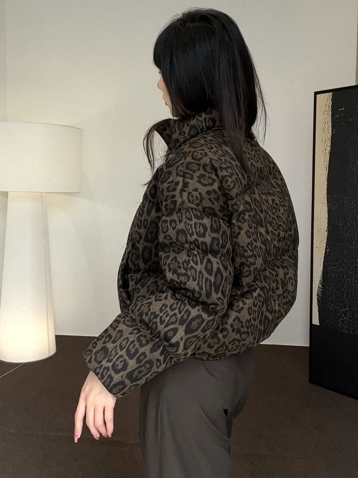 2025 Winter New Women\'s Down Jacket Loose Windproof Stand Up Collar Leopard Pattern Jacket