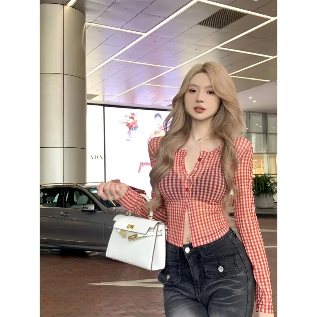 American Retro Red Plaid Me irt Women's Early Autumn ort Tight Sexy Beautiful Long Sve Small Top Sweet Sle f Un...