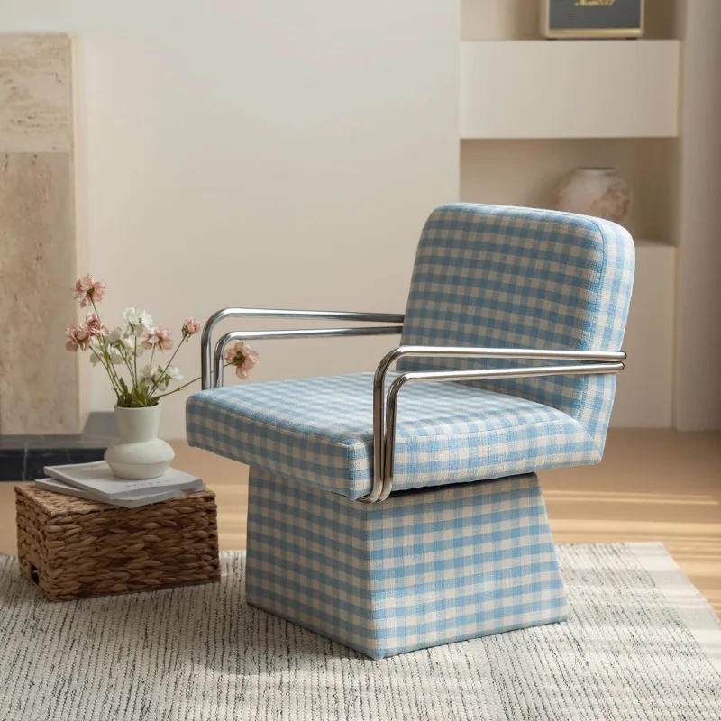 Rotatable sofa chair Living room balcony Leisure lazy sofa chair Modern simple blue plaid single computer chair