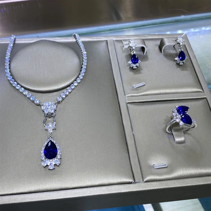 Spinel Blue Corundum Fluorescent Light Color-Changing Open Ring Women's Elegant Pendant Earrings Three-Piece Set