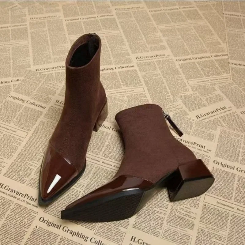 Women Ankle High Heels Chelsea Boots Pointed Toe Shoes Goth Designer Pumps Winter New Brand Shoes Women Motorcycle Boots