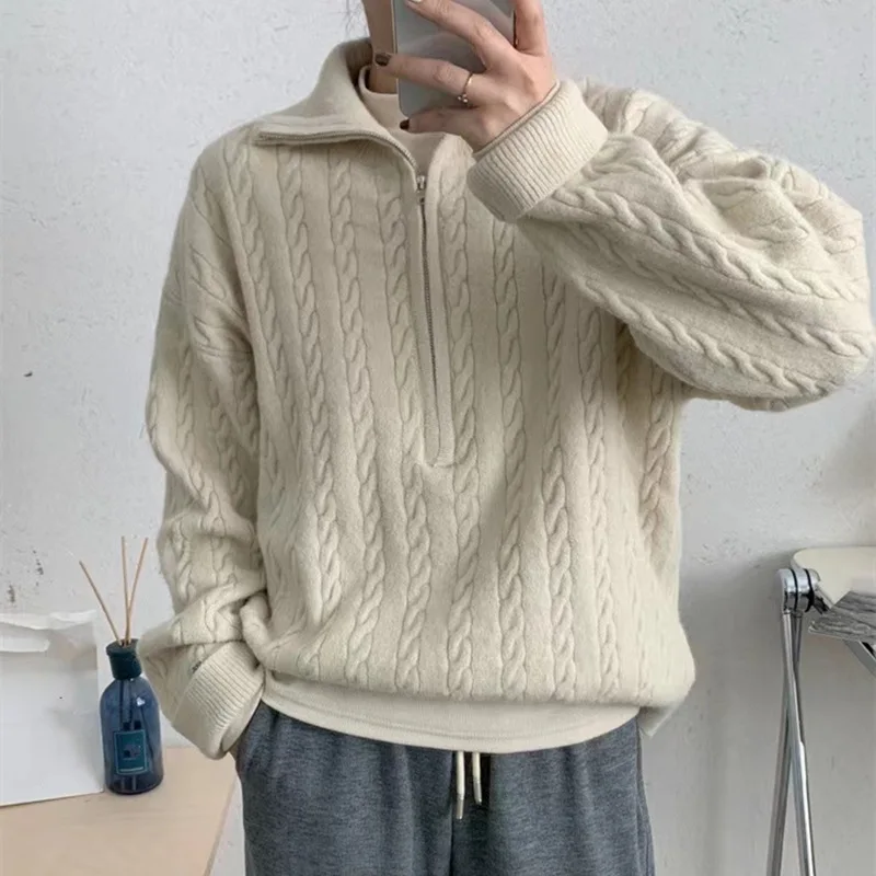 

Женский свитер с лацканами на полумолнии в стиле ретро, осенне-зимний новый корейский свободный вязаный свитер в ленивом стиле, топ