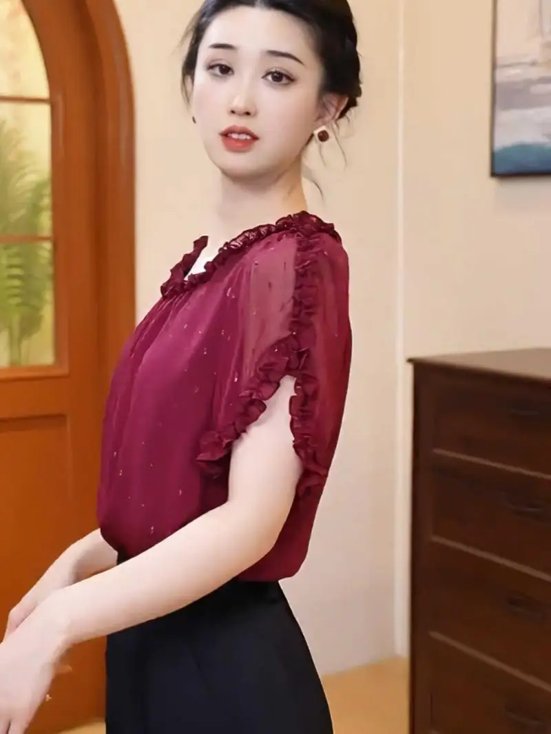 Tops casuais versáteis para o verão novo estilo retrô solto estampa doce jacquard chiffon camisa top para mulheres