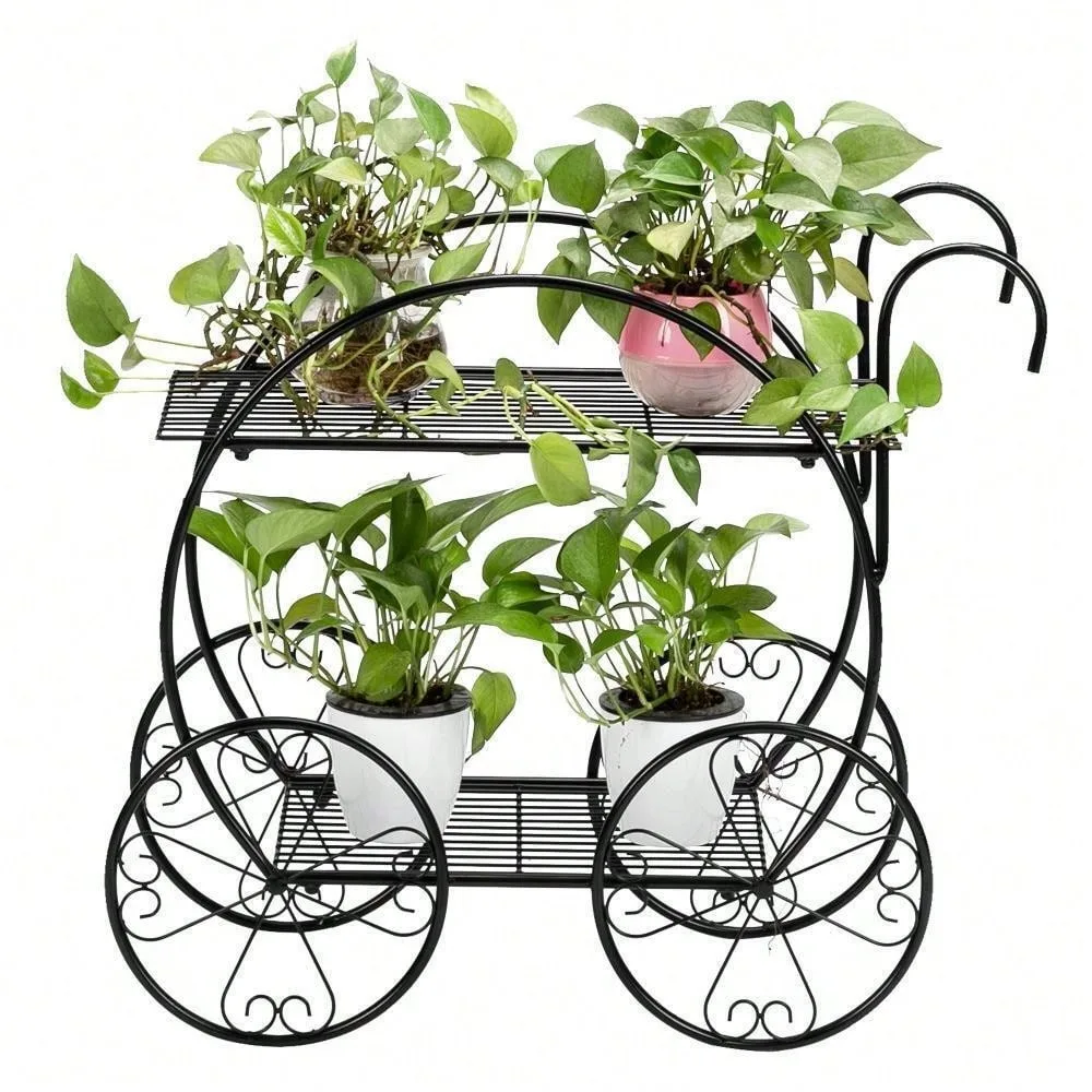 2 Tiers Metal Plant Holder Pot Stand Flower Display Shelf Garden Patio