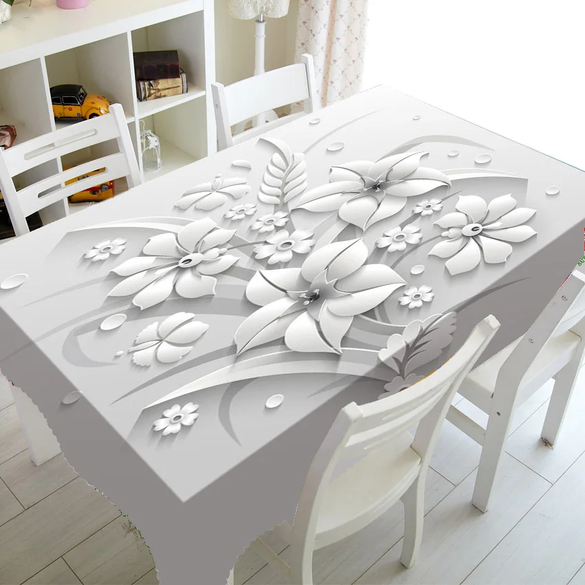 Elegant Bouquet of Fantastic White Flowers 2D Style Tablecloth for Rectangle Square Table Floral Dining Wedding Party Home Decor