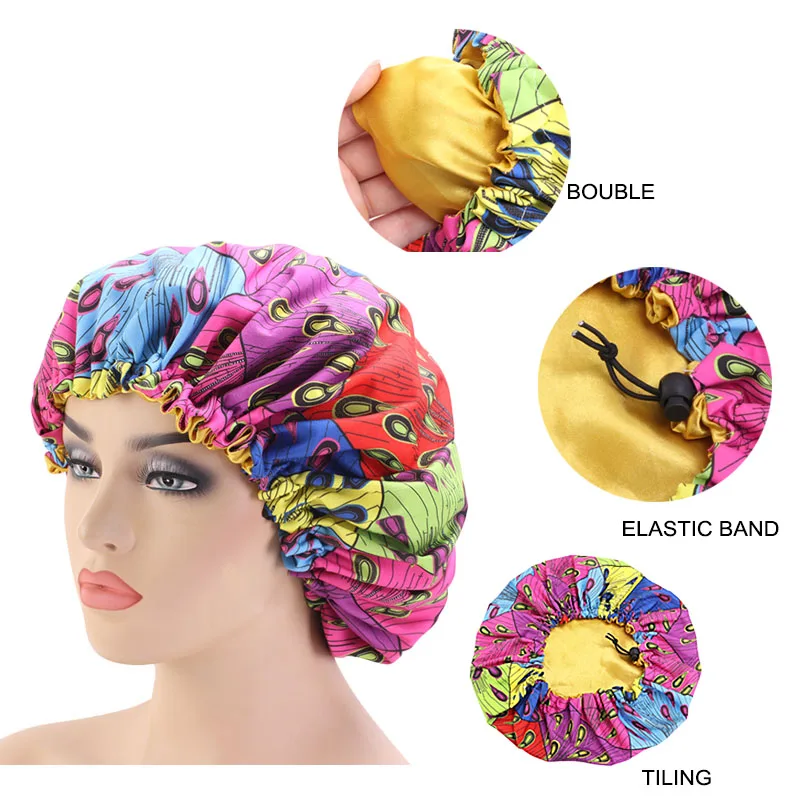 Women Large Satin Ankara Bonnets Elastic Lined African Head Sleep Bonnet Female Wrap Cap Print Head Cover Bonnets Turban