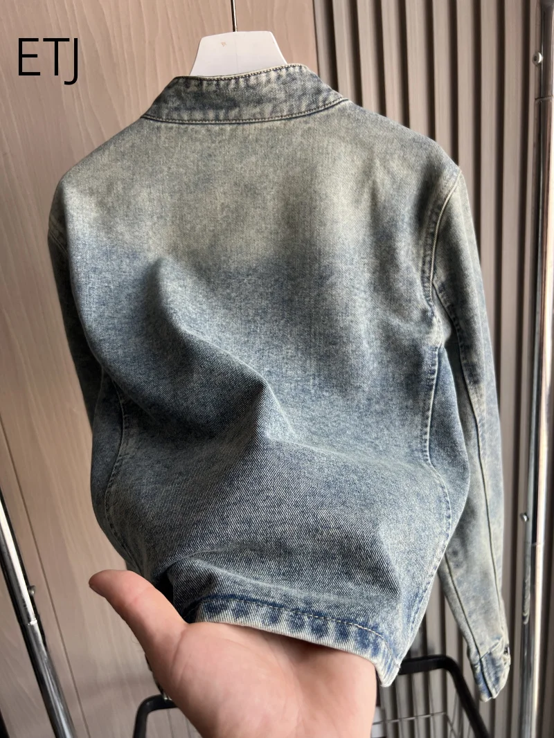 ETJ 2026 Damen Napoleon-Stil Jeansjacke Vintage Militär Doppelreihiger Mantel Silberne Knöpfe Slim Fit Herbst Oberbekleidung – Detail 21