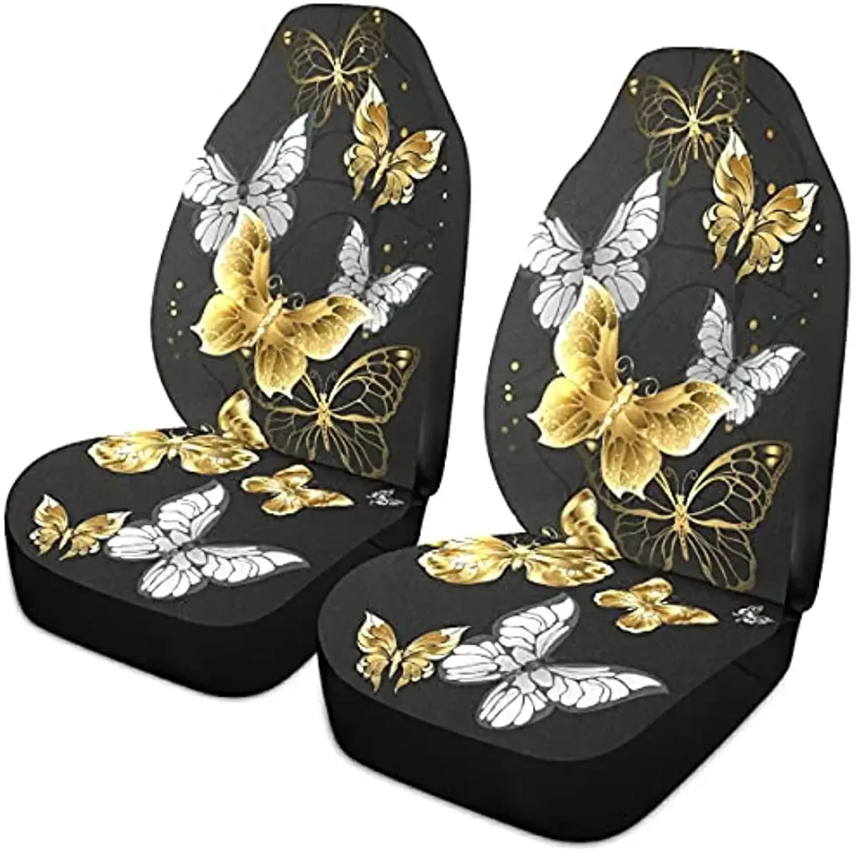 Oarencol Gold White Butterflies Black 2 Front Car Seat Covers Bucket Seats with Organizer Pocket for Vehicles Sedan