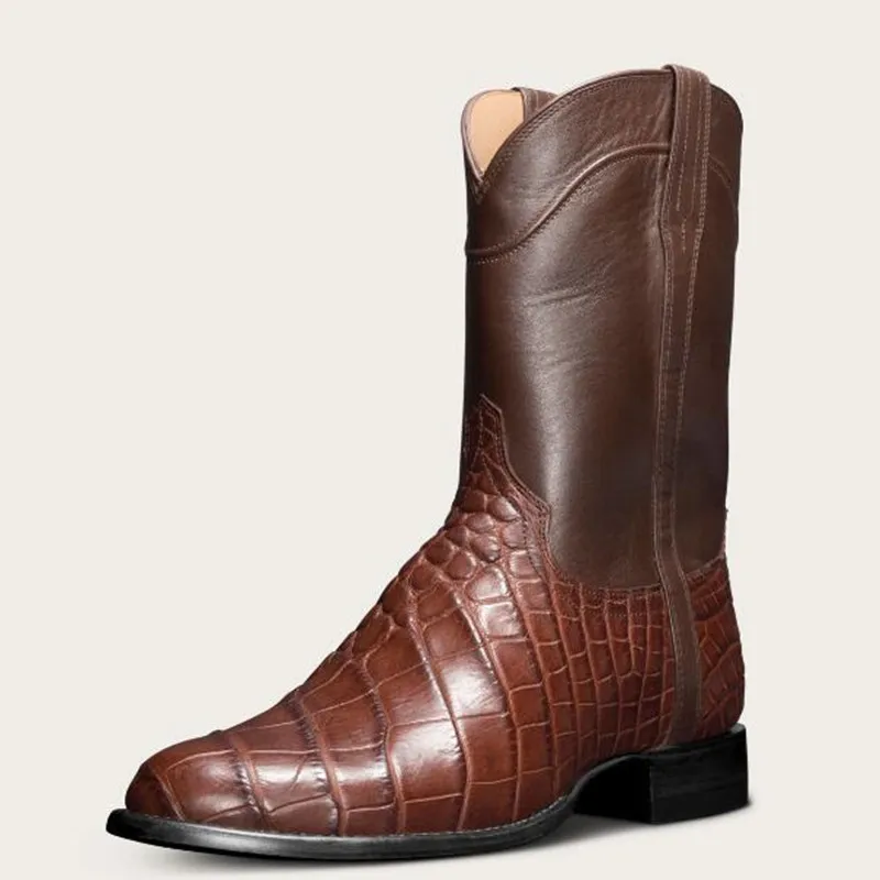 2025 Retro Western Cowboy Boots Couples Large Size Fashion High-top Work Overshoes Mens Punk Goth Pattern Mid Heel Pointed Boots