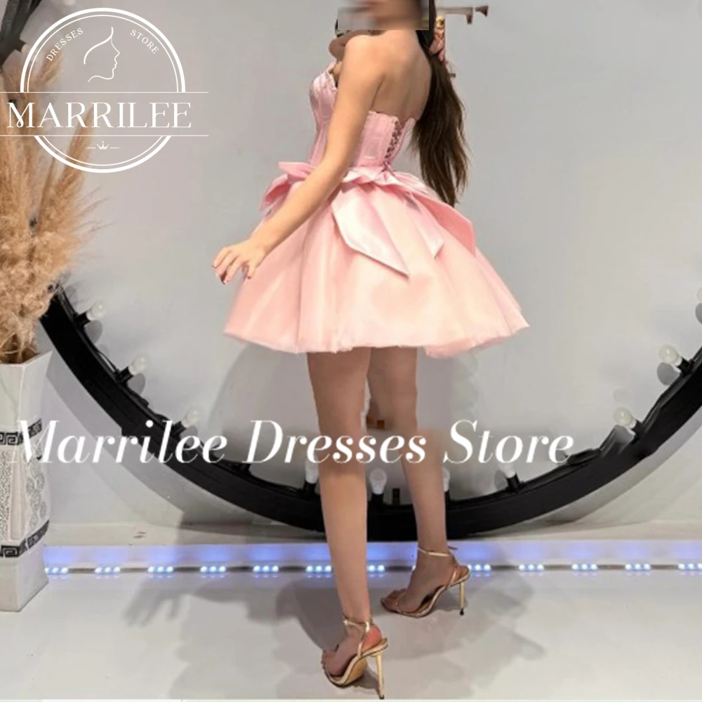 Marrilee  Customized Princess Strapless Short Stain Evening Dress With Bow Mini Above Knee Backlee Lace Up Tulle Prom Party Gown