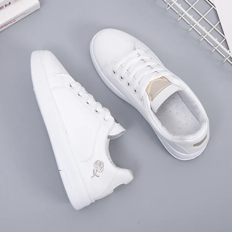 Women Leather Pu Casual Shoes New 2024 Woman Shoes Fashion Embroidered White Sneakers Breathable Flower Lace-Up Women Sneakers