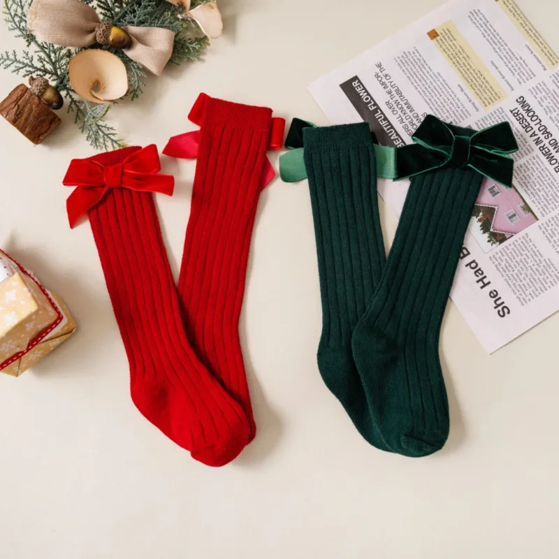 2 Pairs of Socks for Christmas Girls Red Bow Baby Knee Socks Lolita Calcetines Mujer Soft Cotton Breathable Comfortable Socks