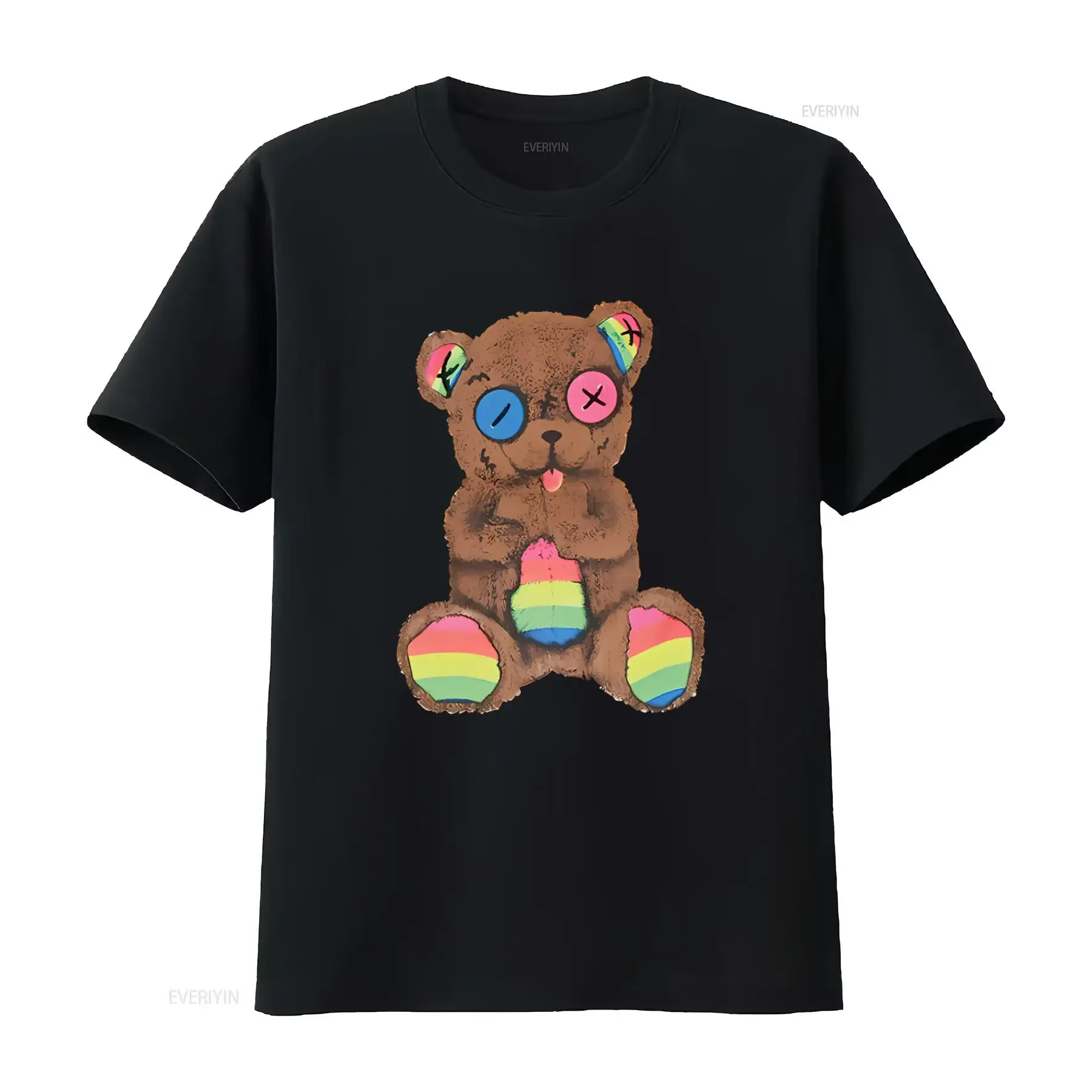 Camiseta de algodón grande para hombre Barrow, color negro con diseño de oso arcoíris, Italia A53, estilo vintage, informal, cómoda y transpirable