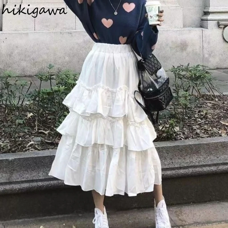 

Korean Sweet White Skirt Women's Clothing High Waist A-line Jupe 2024 Faldas Mujer De Moda Ruffles Summer Saia Fashion Skirts