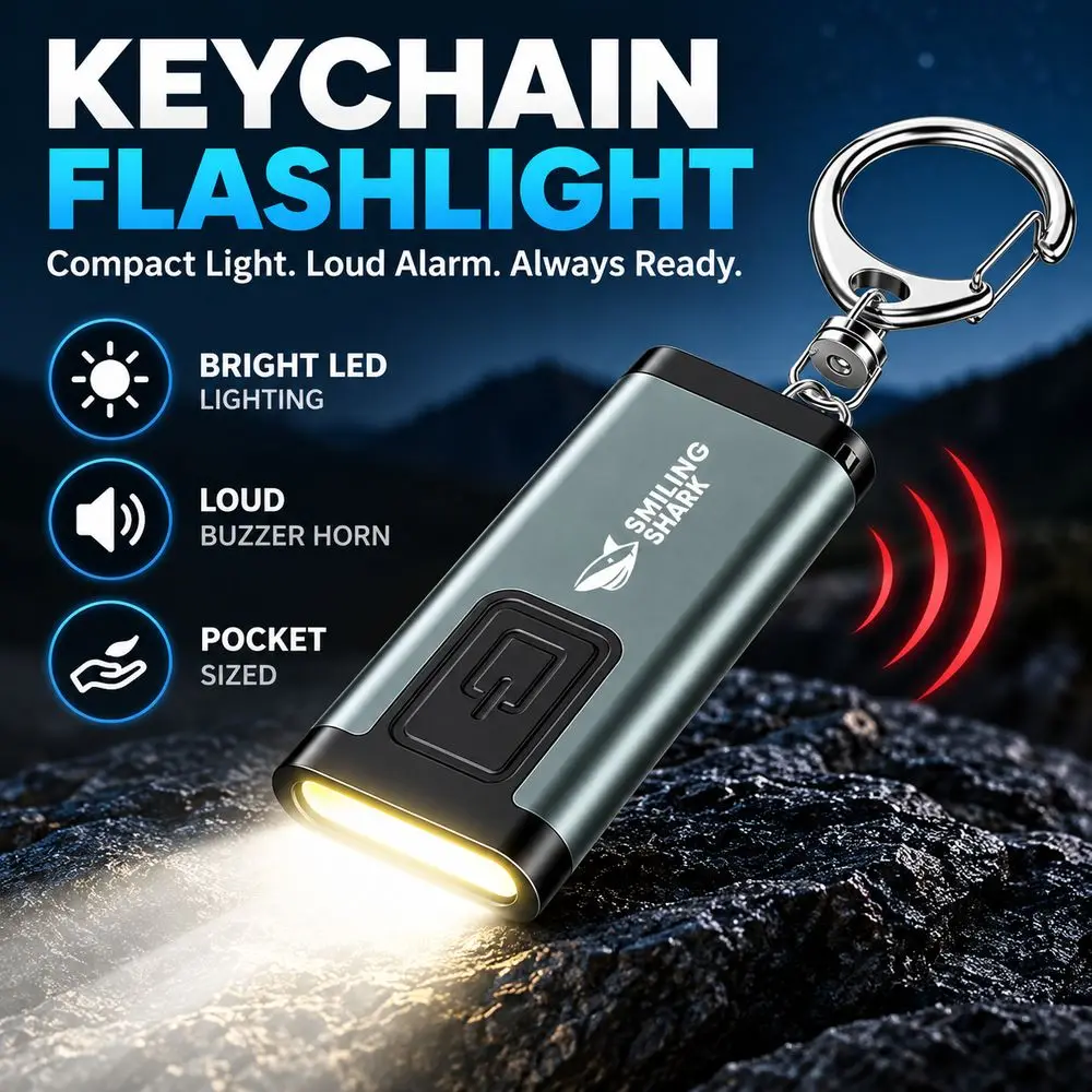 Mini Keychain Light Keychain Flashlight LED Long Range Beam Rechargeable Keychain Light Buzzer Multi-Mode Lighting