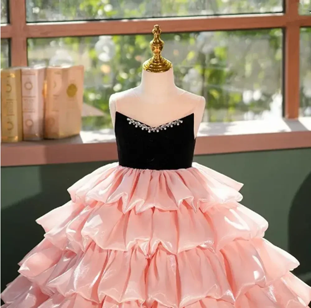 

Customized Princess Flower Girl Dresses For Wedding Layered Satin Sleeveless Floor Length Birthday Party First Communion Gown