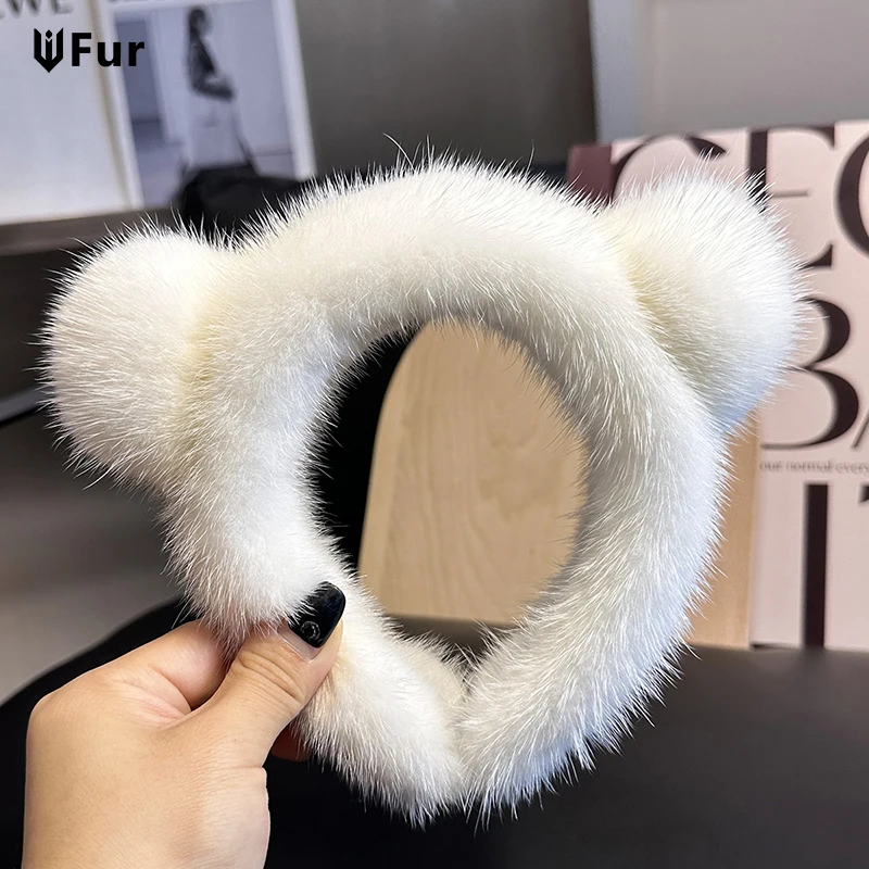 

Cute Real Mink Fur Cat Ears Headband For Women 100%Fur Plush Hair Accessories Solid Head Wraps Luxury Girlfriend Gift Winter