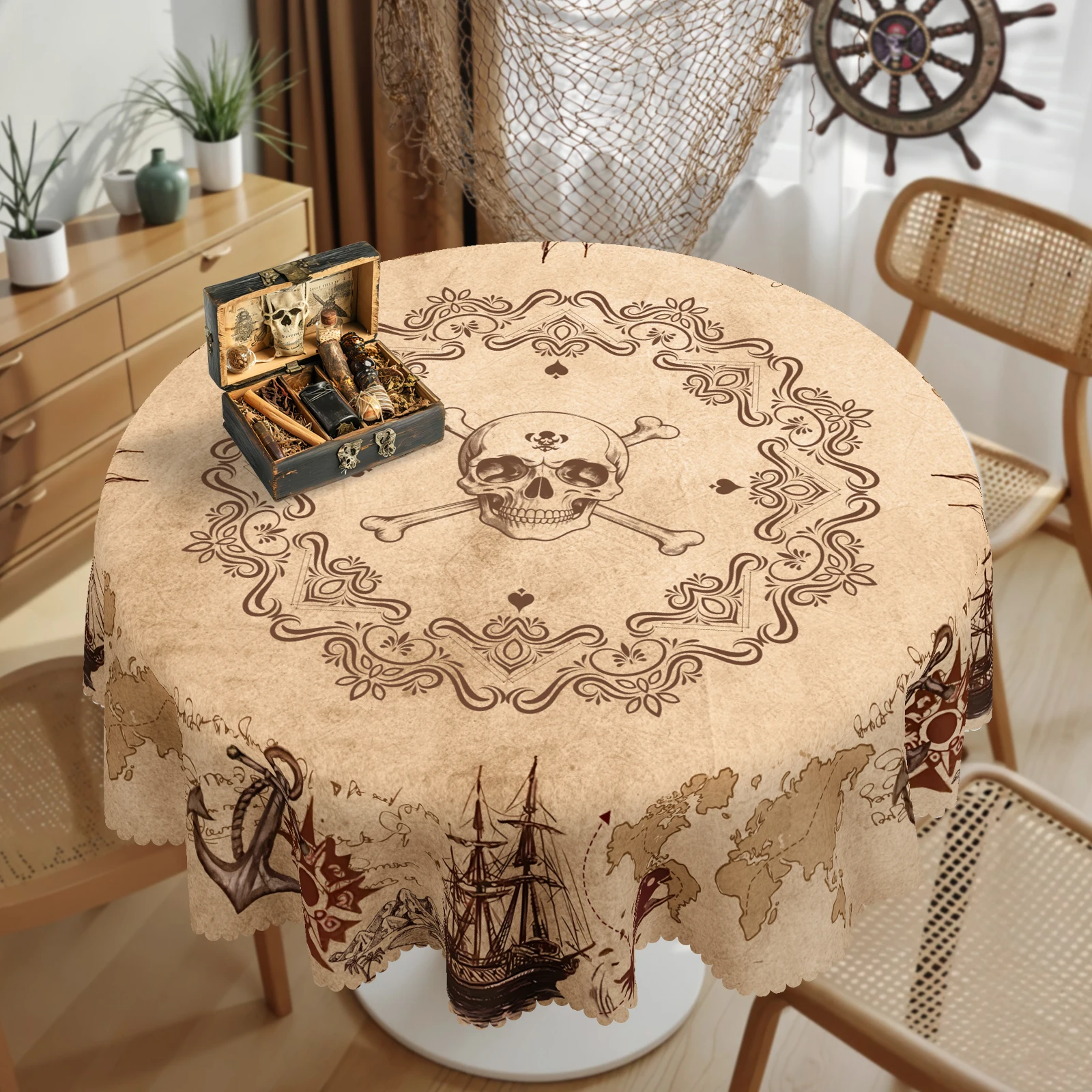 1 Stück, Polyester-Tischdecke im nautischen Abenteuer-Stil + 4 selbstklebende Aufkleber, Vintage-Anker-Segelboot-Weltkarte mit großem Totenkopf-Aufdruck, geprägte Kanten, runde/rechteckige Tischdecke,