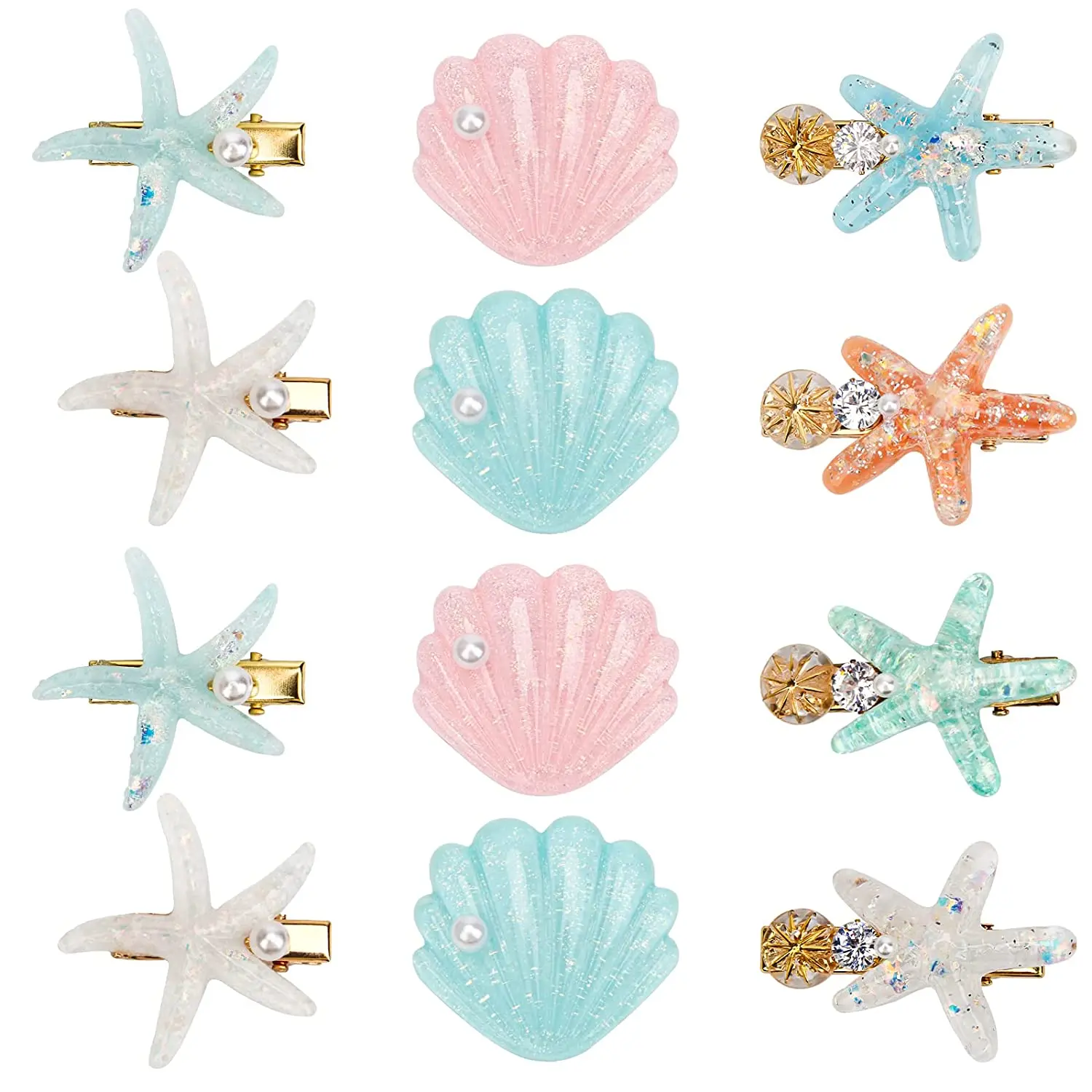 

12 Pieces Shell Pearl Starfish Hair Clip Set, Acrylic Resin Seashell Hair Clips Artificial Star Alligator Hair Clips