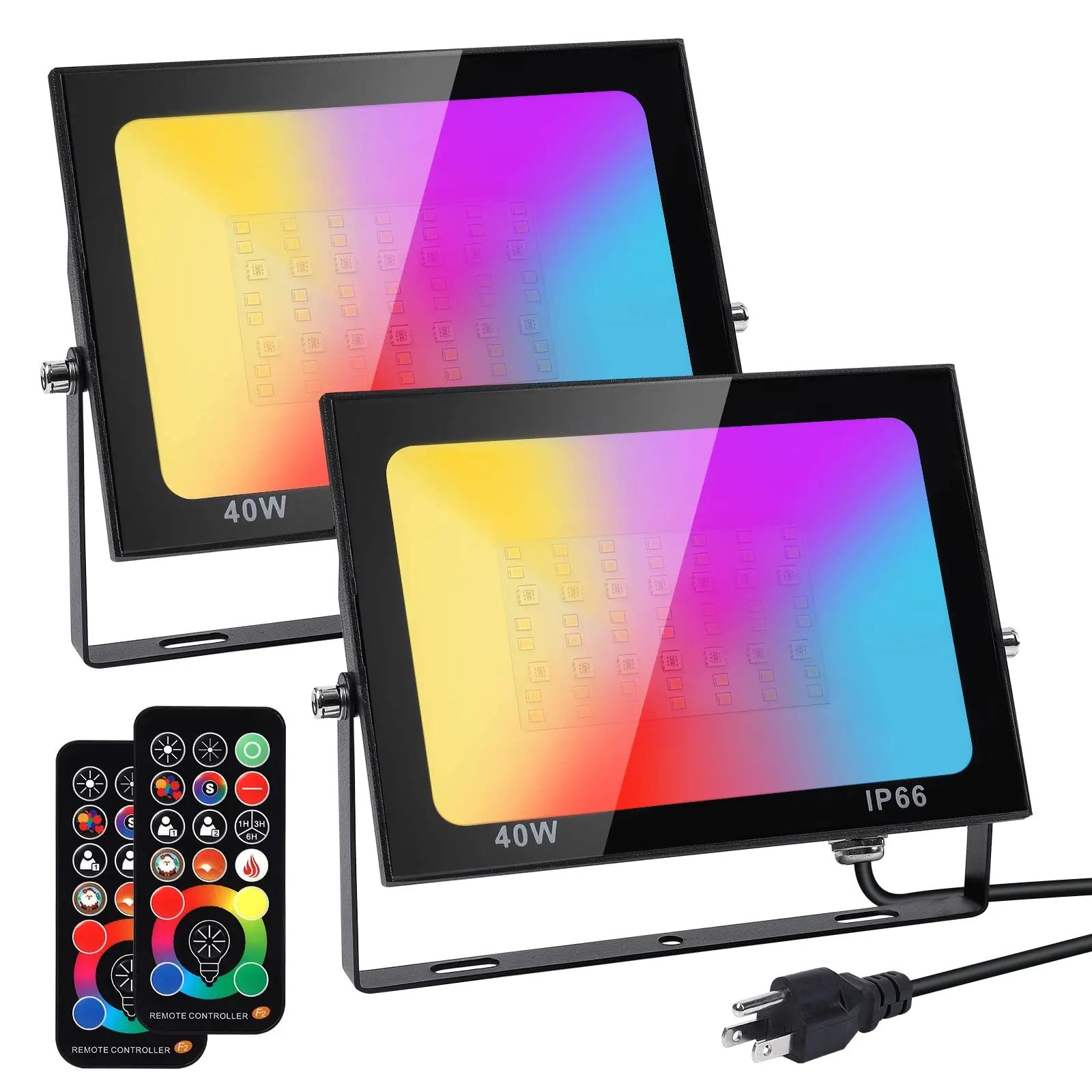 Reflector LED para exteriores, reflector RGB equivalente a 400W con control remoto, 4000 lúmenes, 3000K, 256 colores, Modo personalizado, 2 piezas