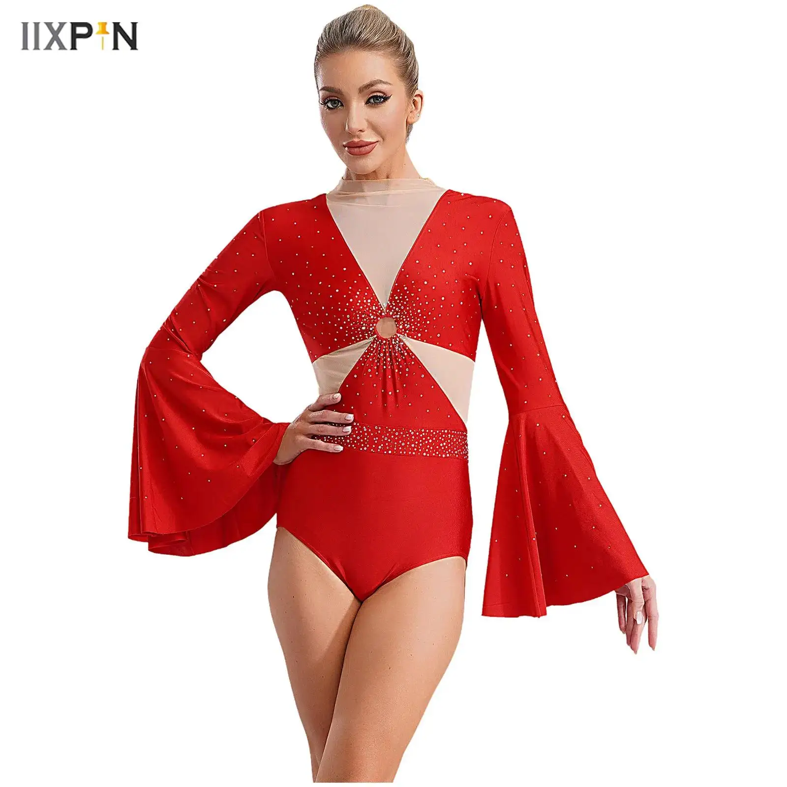 

Womens Shiny Rhinestones Dance Leotard for Ballet Gymnastics Figure Skating Flared Sleeve Sheer Mesh Patchwork O-Ring Bodysuit
