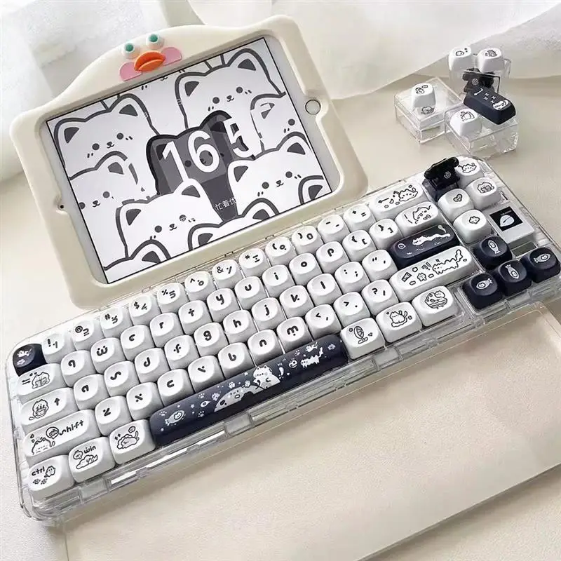 Nrace Cat Keycap pour clavier mécanique de jeu, noir, blanc, 140 prédire, profil MOA, PBT Keycaps, sublimation de colorant pour commutateur MX