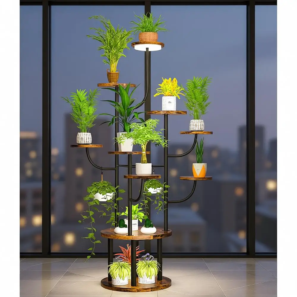 

Регулируемая 10-уровневая подставка для комнатных растений с подсветкой для выращивания, металлическая вращающаяся полка для нескольких растений, идеально подходит для гостиной, спальни,