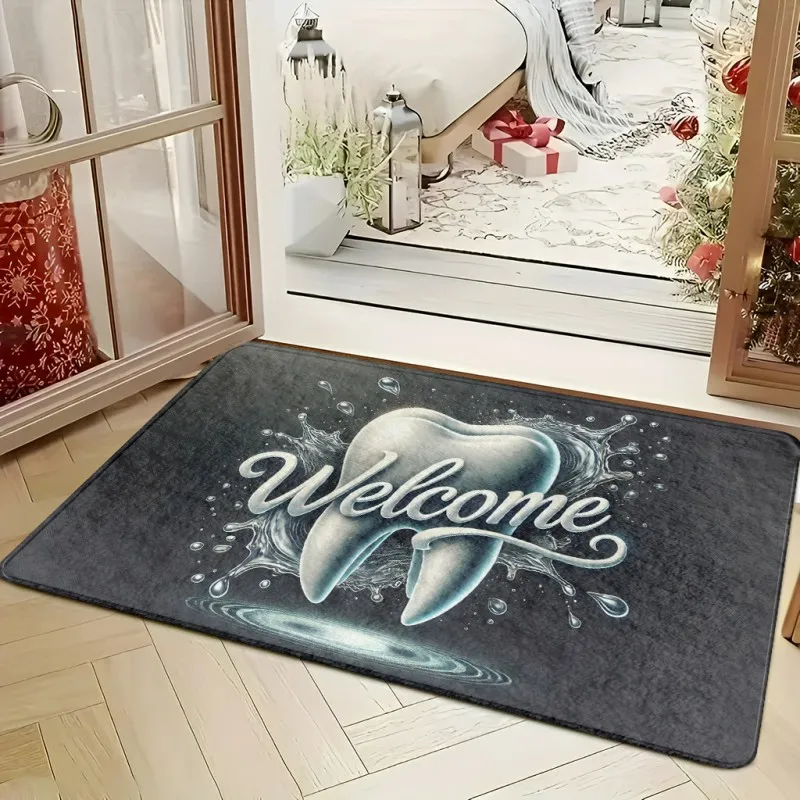 Dental Creative Graphic Style Dark Grey Water Splash Tooth Pattern Welcome Cursive Print Non Slip Dental Clinic Entryway Doormat