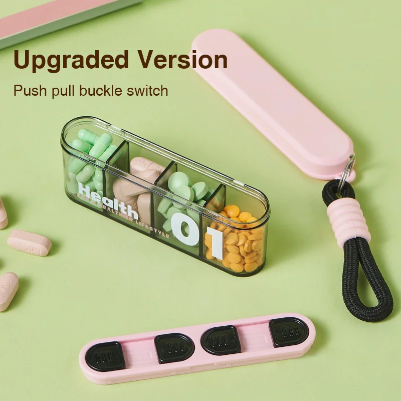 Portable 4 Compartments Pill Box with Buckle Switch, Weekly Travel Vitamin Organizer with Keychain, Safe Food-Grade Daily Medici