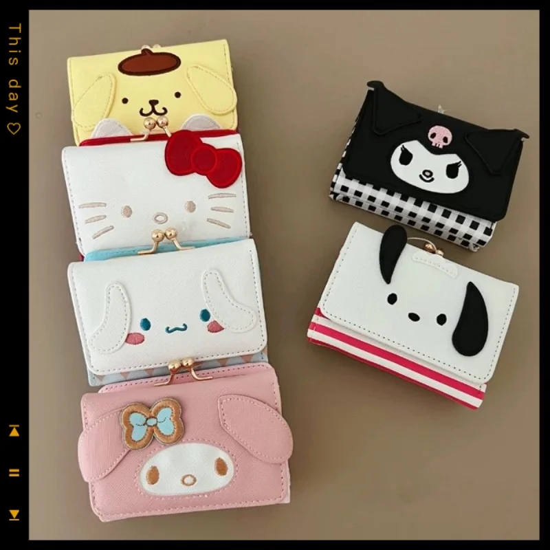 

Kawaii Sanrio PU short wallet anime peripheral hello kitty black beauty pudding dog zipper buckle folding card holder for women