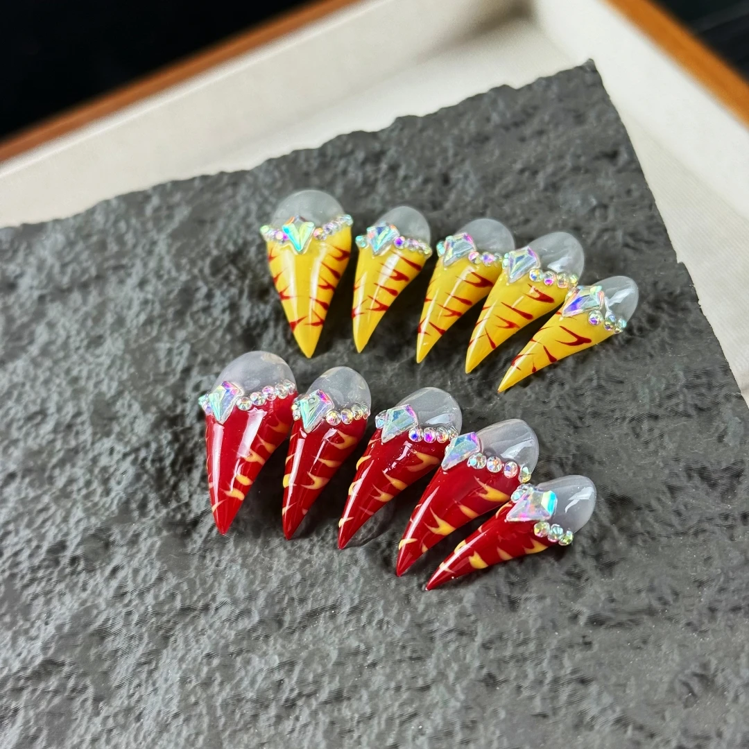 10pcs High-end Fashionable retro style, hand-painted zebra pattern, red yellow contrast color, dragon claws handmade fake nails