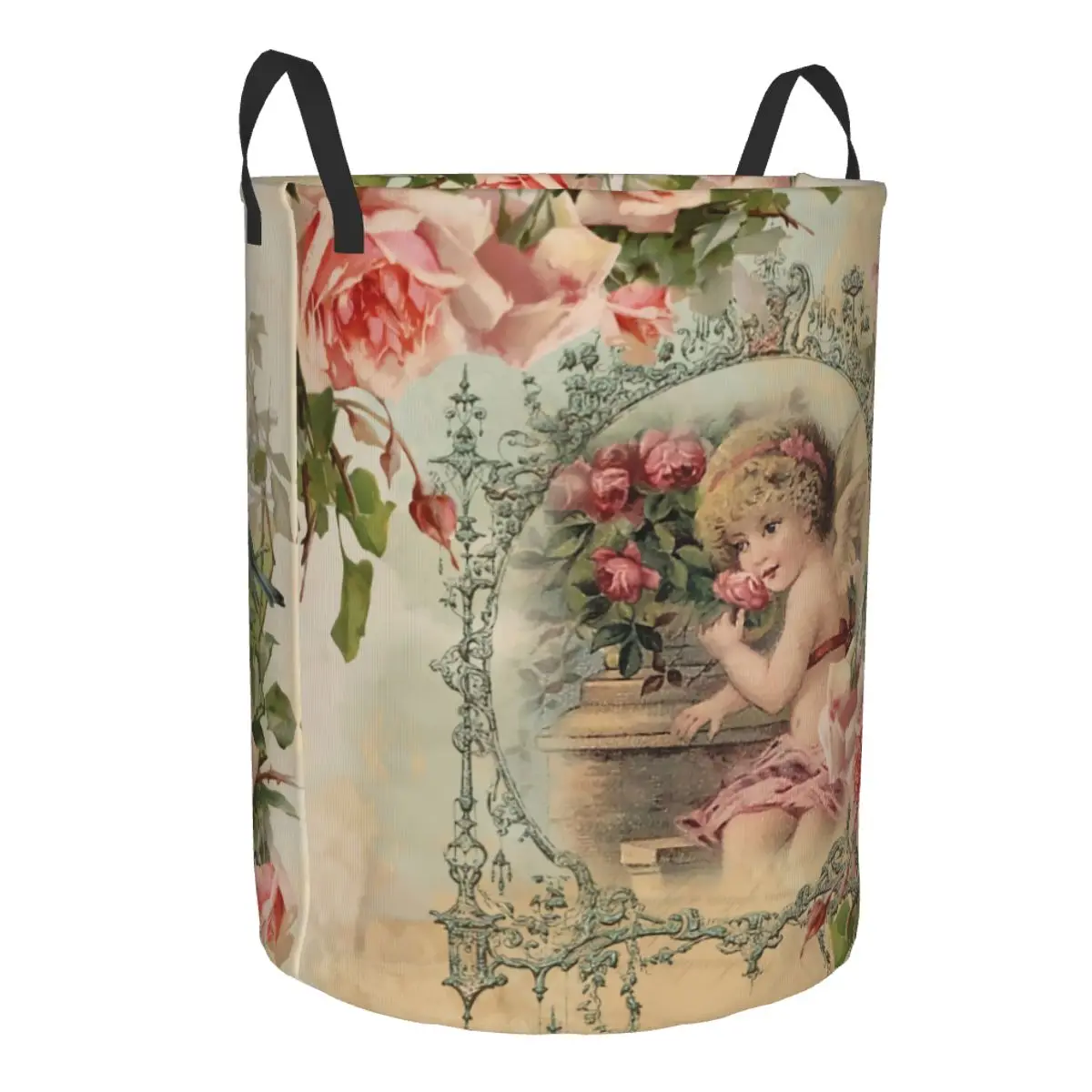 Custom Victorian Angel Vintage Rose Laundry Basket Collapsible Clothing Hamper Toys Organizer Storage Bins