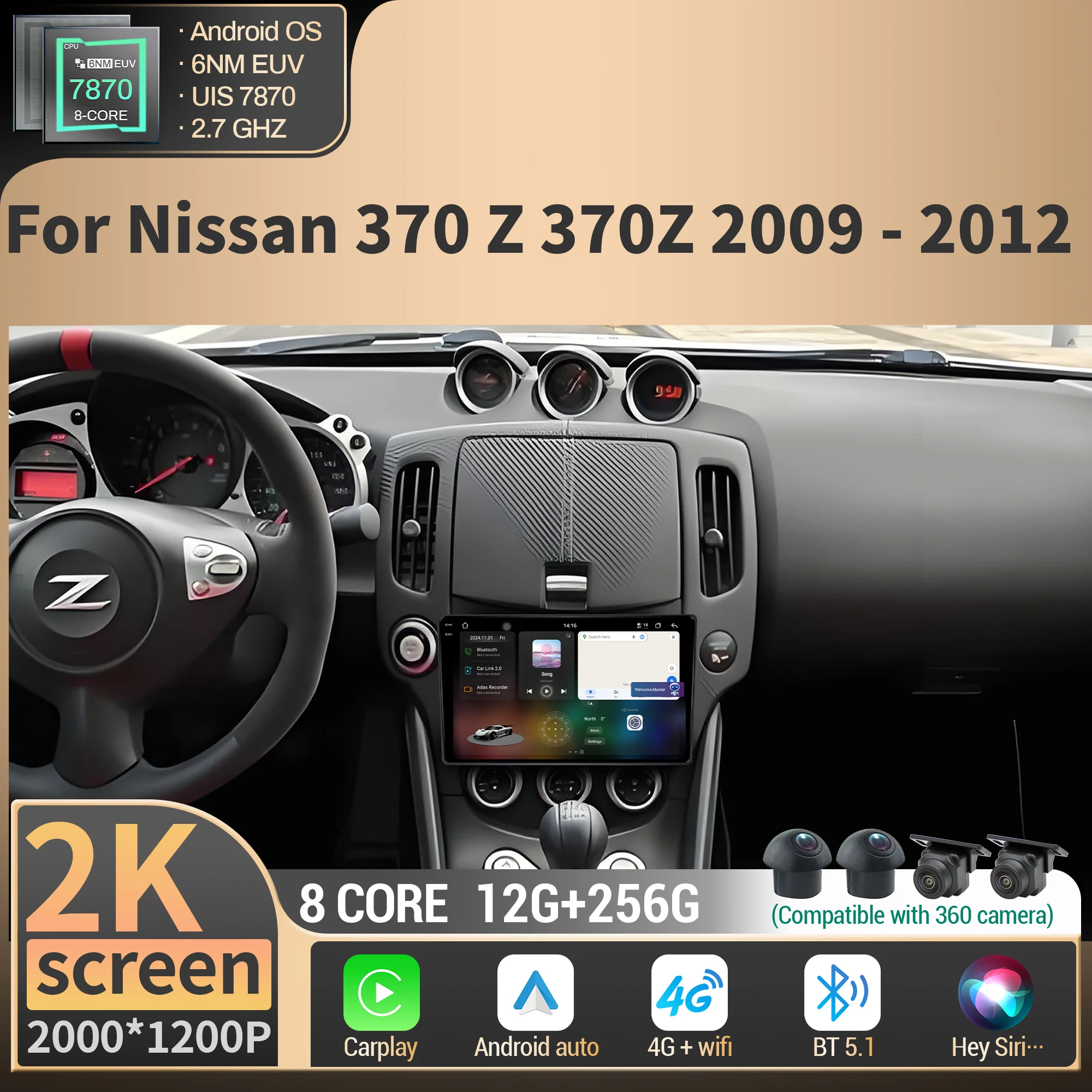 

Android 14 For Nissan 370 Z 370Z 2009-2012 Car Radio Multimedia Wireless Carplay 4G GPS CPU 7870 8G 256G 2K QLED Screen