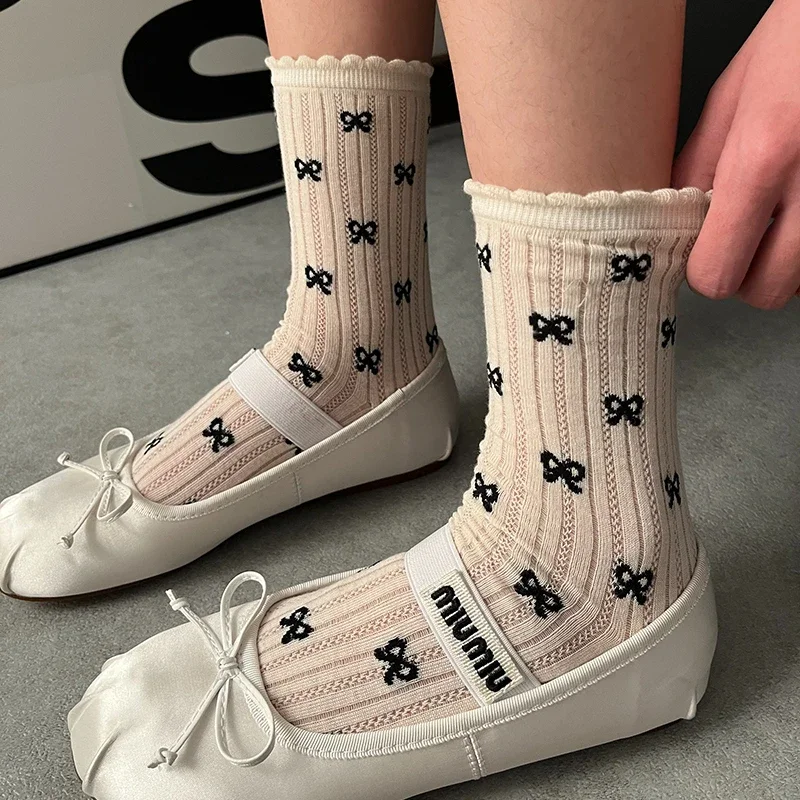 2024 Sweet Lace Bow Long Socks Women Girls Summer Hollow Out Sock Casual Crew Loose Sox Lolita Mid-tube Stockings Streetwears