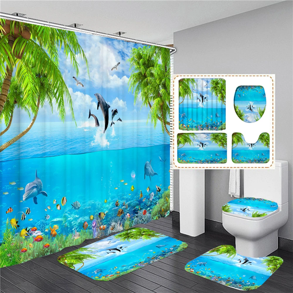 

3D Beach Seaside Scenery Toilet Cover Bath Mat Sets Ocean Dolphin Print Bathroom Curtain Set Waterproof Fabric Shower Curtains