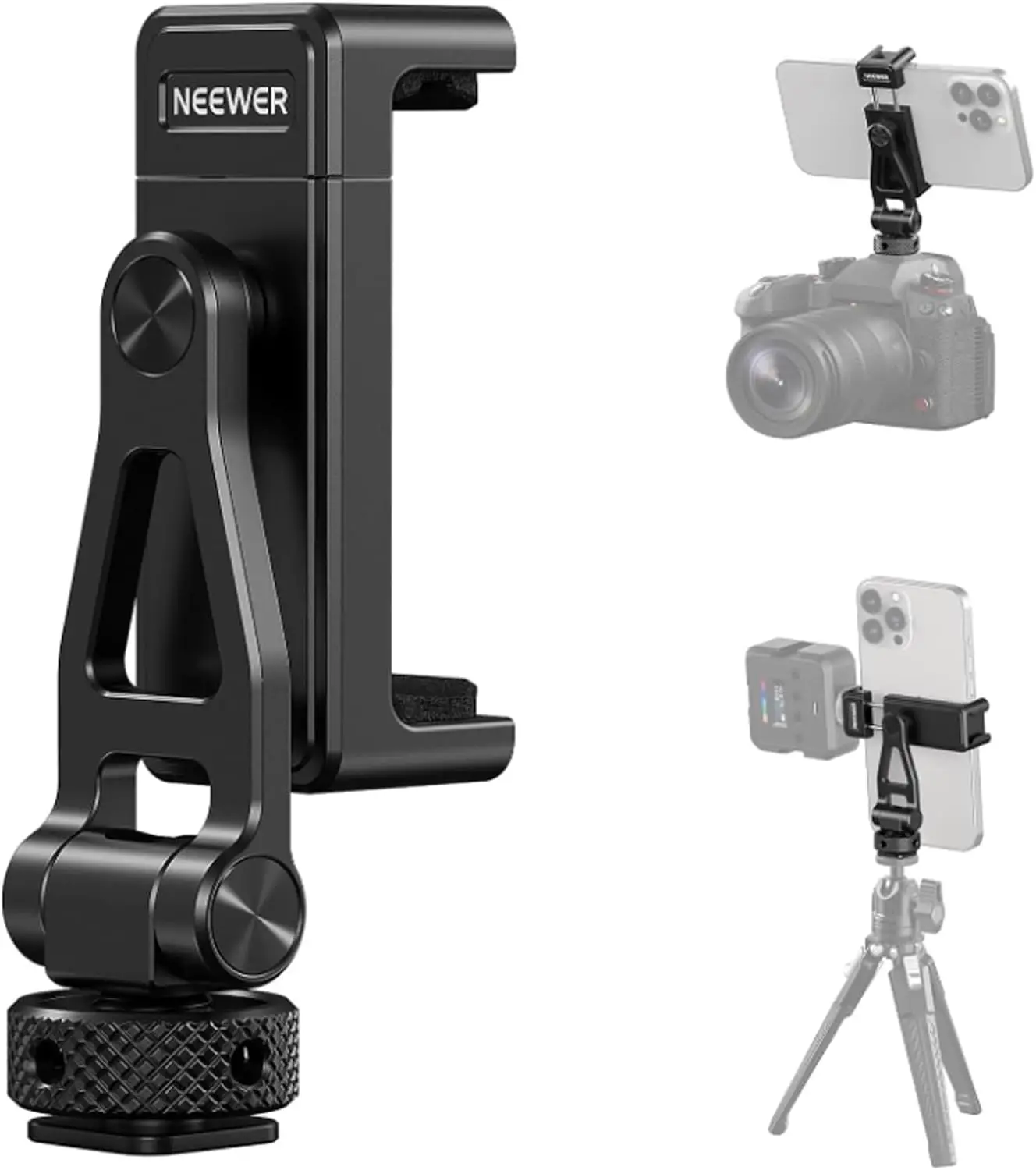 

Universal Phone Tripod Mount with 360° Rotation & 180° Tilt, Adjustable Clamp for iPhone Samsung Camera Cage, Cold Shoe Adapter