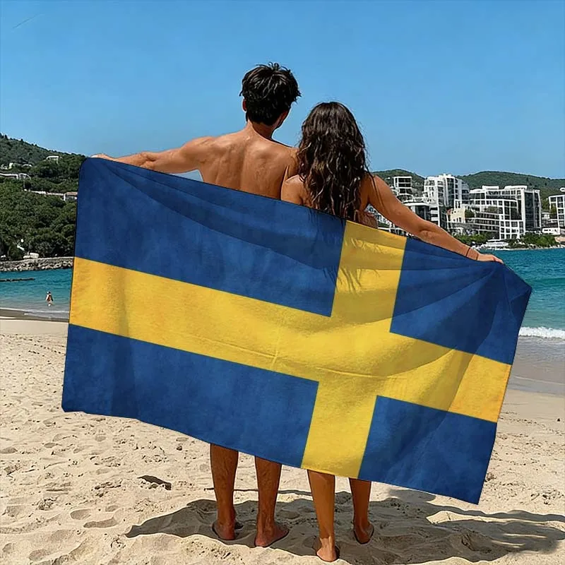 Customize 1pc Sweden Flag Image Printed Beach Towel - Suitable for Pool, Swimming, Bathing, Travel, and Camping - Modern Pattern