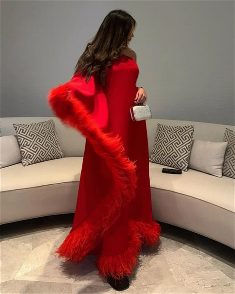 Xijun Red Gogerous Evening Dress Feather Long Prom Dress One Shoulder Formal Occasion Prom Gowns Ankle Length For Women Dubai