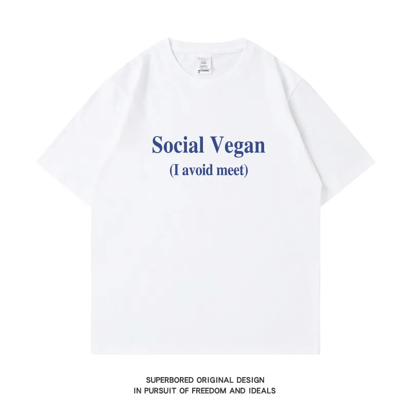 Social Vegan (I Avoid Meeting) Cotton Printed T-shirt New Men's and Women's Fashion Trendy Loose Casual Round Neck T-shirt
