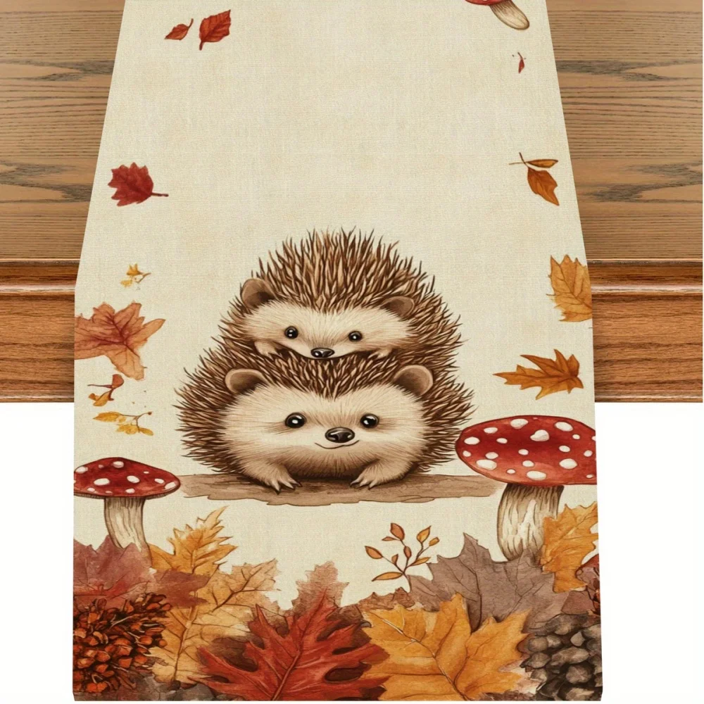 1 Stück Herbst-Tischläufer mit Igel und Pilzen – Thanksgiving-Tischdekoration, Igel-Dekor