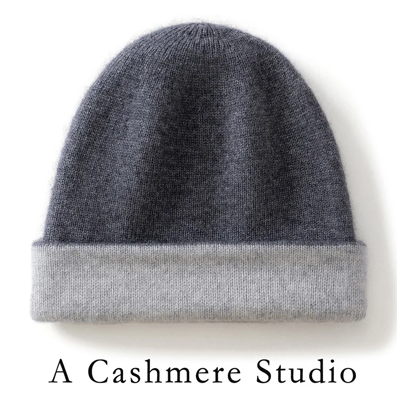 Women's 100% cashmere hats knitted wool hats cold hats winter pullover hats color matching double-layer padded bonnet.