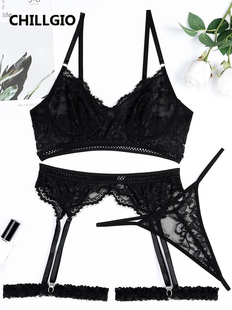 

CHILLGIO Intimate Female Lingerie Set Stretch Push Up Bra Sets Porno Thongs Transparent Black Lace Erotic Lingerie Woman 4 Piece